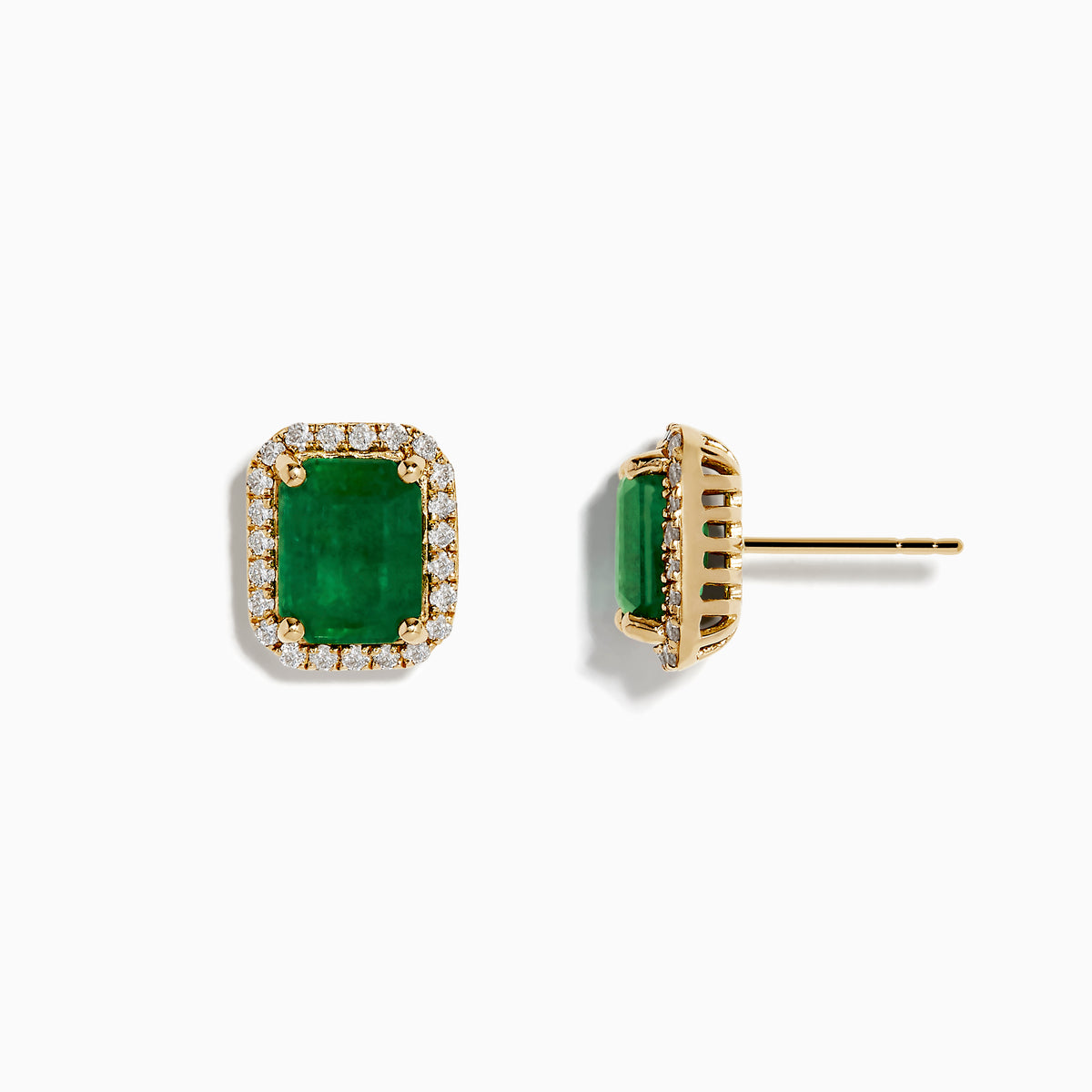 The Brasillica 14K Yellow Gold Emerald and Diamond Earrings feature rectangular green gems bordered by sparkling diamonds on a plain white background—ideal for those seeking elegant and luxurious emerald stud earrings.