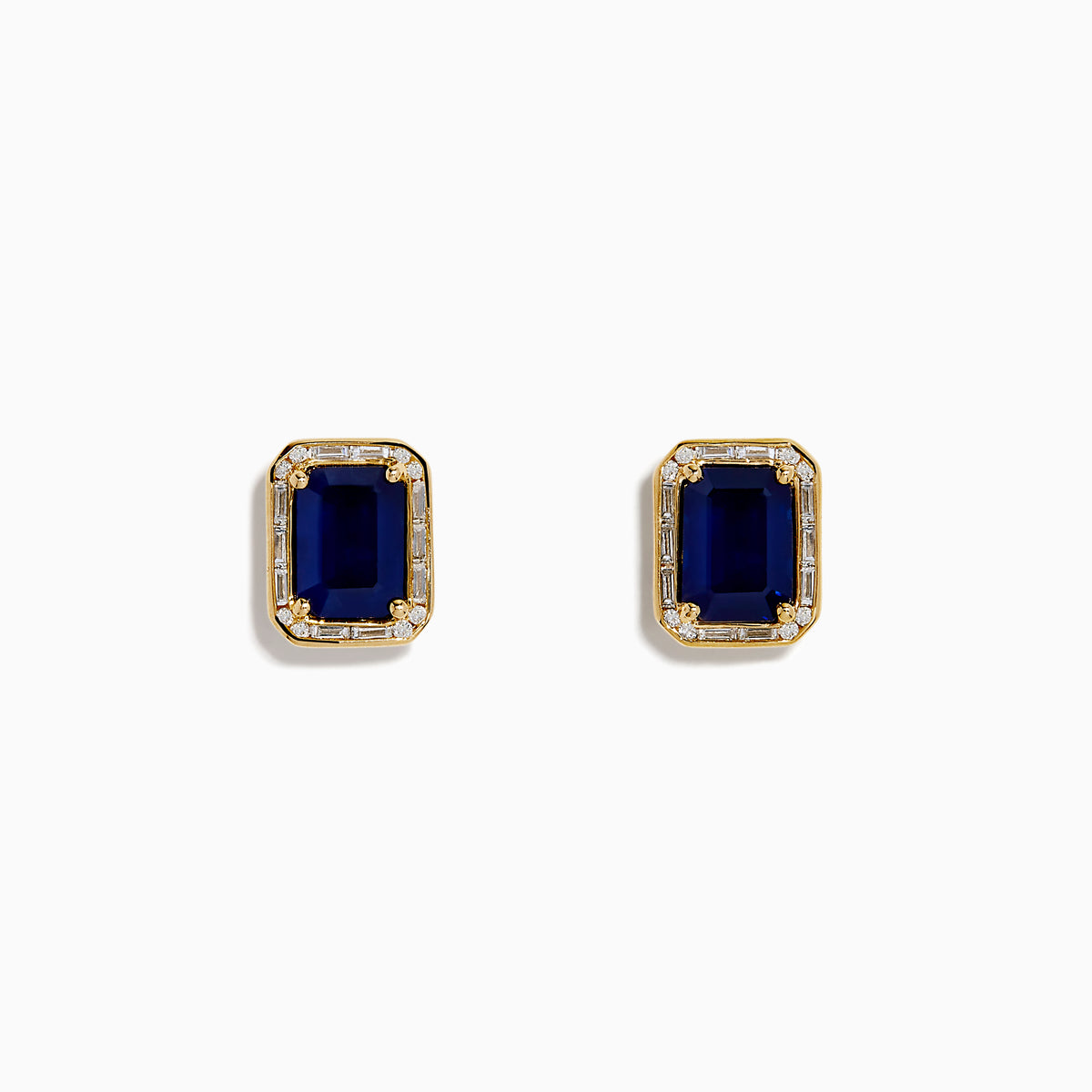 14K Yellow Gold Blue Sapphire and Diamond Emerald-Cut Halo Stud Earrings