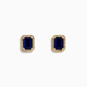 14K Yellow Gold Blue Sapphire and Diamond Emerald-Cut Halo Stud Earrings