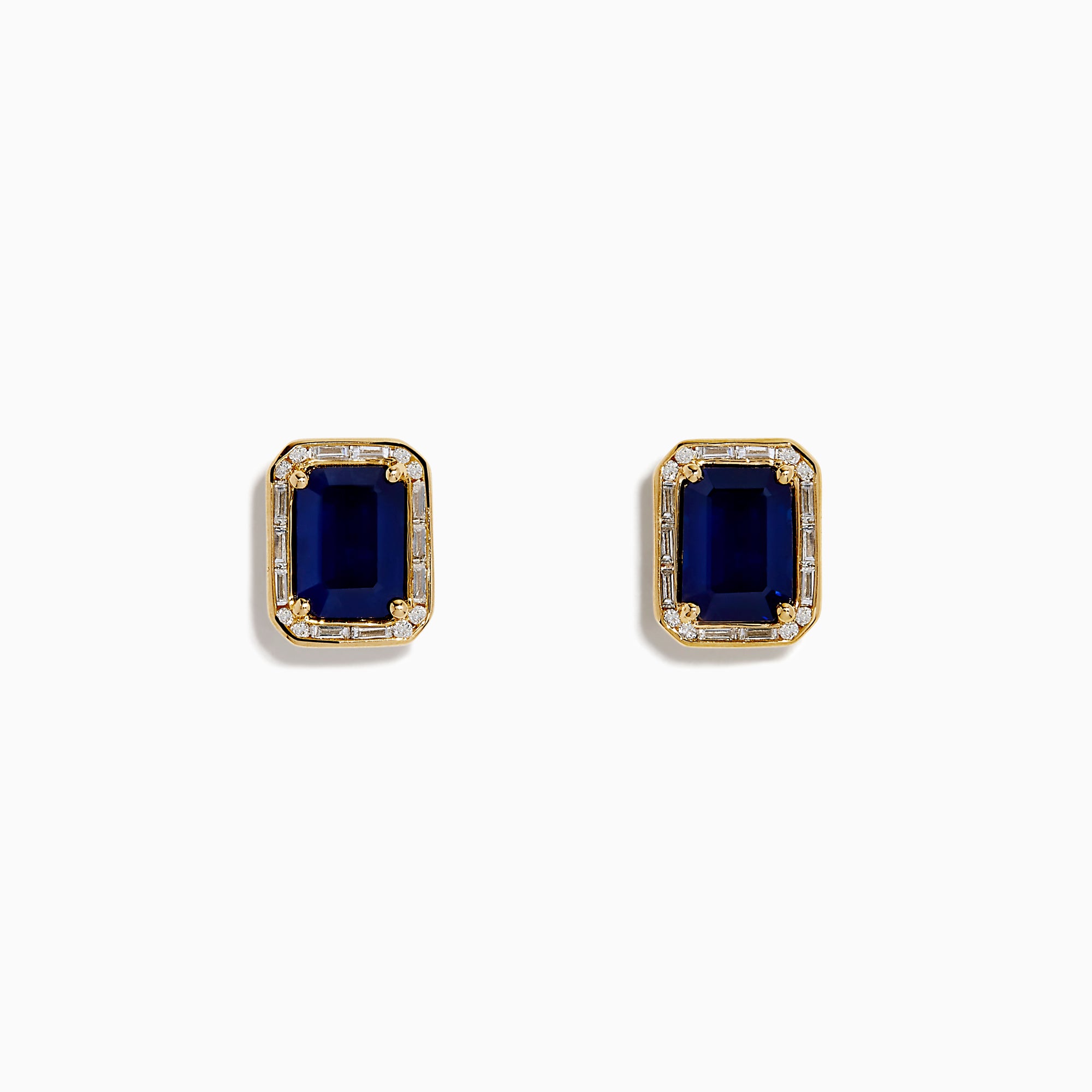 14K Yellow Gold Blue Sapphire and Diamond Emerald-Cut Halo Stud Earrings