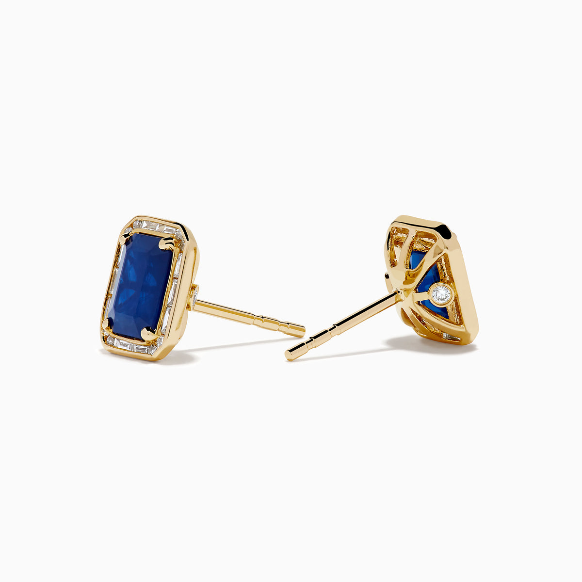 14K Yellow Gold Blue Sapphire and Diamond Emerald-Cut Halo Stud Earrings