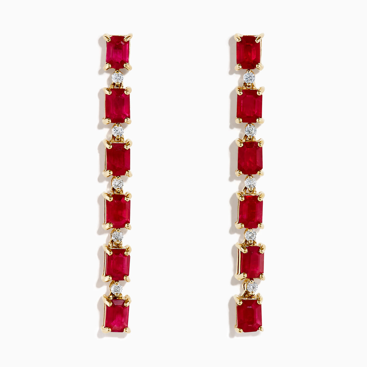 The 14K Yellow Gold Ruby and Diamond Linear Drop Earrings showcase alternating rectangular rubies and small round diamonds arranged vertically for an elegant, modern look.