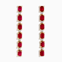 The 14K Yellow Gold Ruby and Diamond Linear Drop Earrings showcase alternating rectangular rubies and small round diamonds arranged vertically for an elegant, modern look.