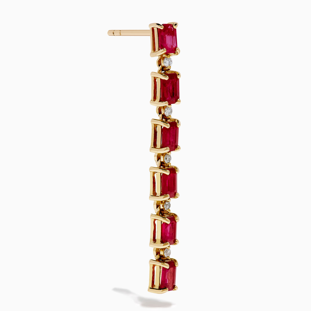 The 14K Yellow Gold Ruby and Diamond Linear Drop Earrings showcase alternating rectangular rubies and small round diamonds arranged vertically for an elegant, modern look.
