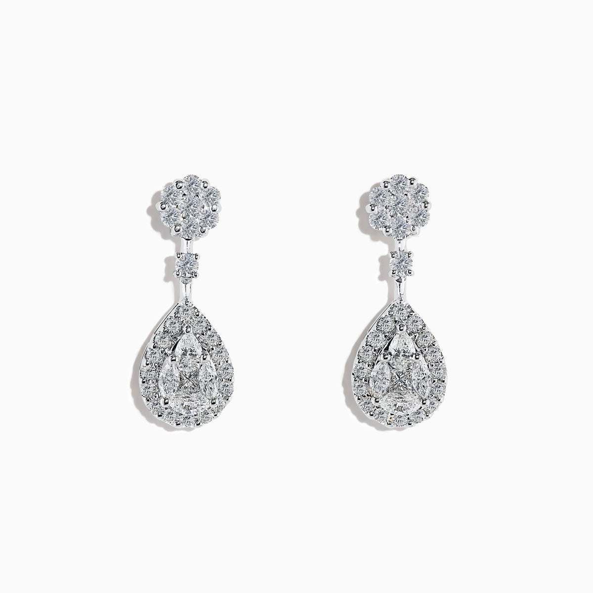 Pave Classica 14K White Diamond Earrings featuring a round stud and teardrop-shaped pendant adorned with sparkling white diamonds, displayed on a white background.
