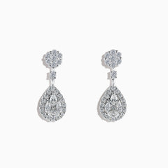 Pave Classica 14K White Diamond Earrings featuring a round stud and teardrop-shaped pendant adorned with sparkling white diamonds, displayed on a white background.