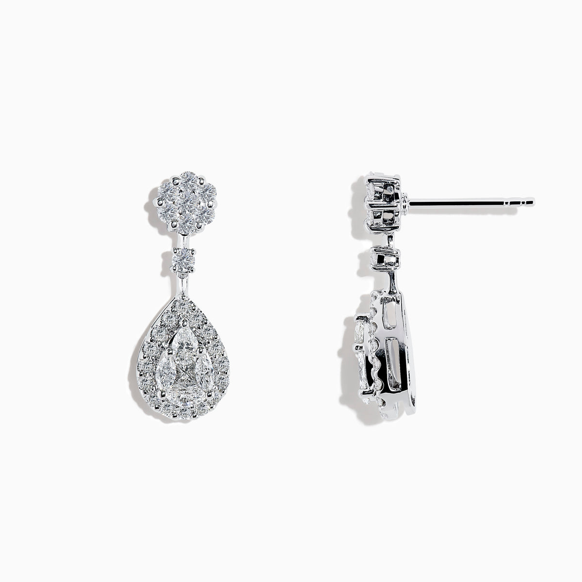 Pave Classica 14K White Diamond Earrings featuring a round stud and teardrop-shaped pendant adorned with sparkling white diamonds, displayed on a white background.