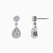 Pave Classica 14K White Diamond Earrings featuring a round stud and teardrop-shaped pendant adorned with sparkling white diamonds, displayed on a white background.