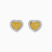 The Canare 18K Two Tone Gold White and Yellow Diamond Heart Earrings feature a yellow diamond center surrounded by white diamonds in an elegant heart design for a timeless, radiant look.