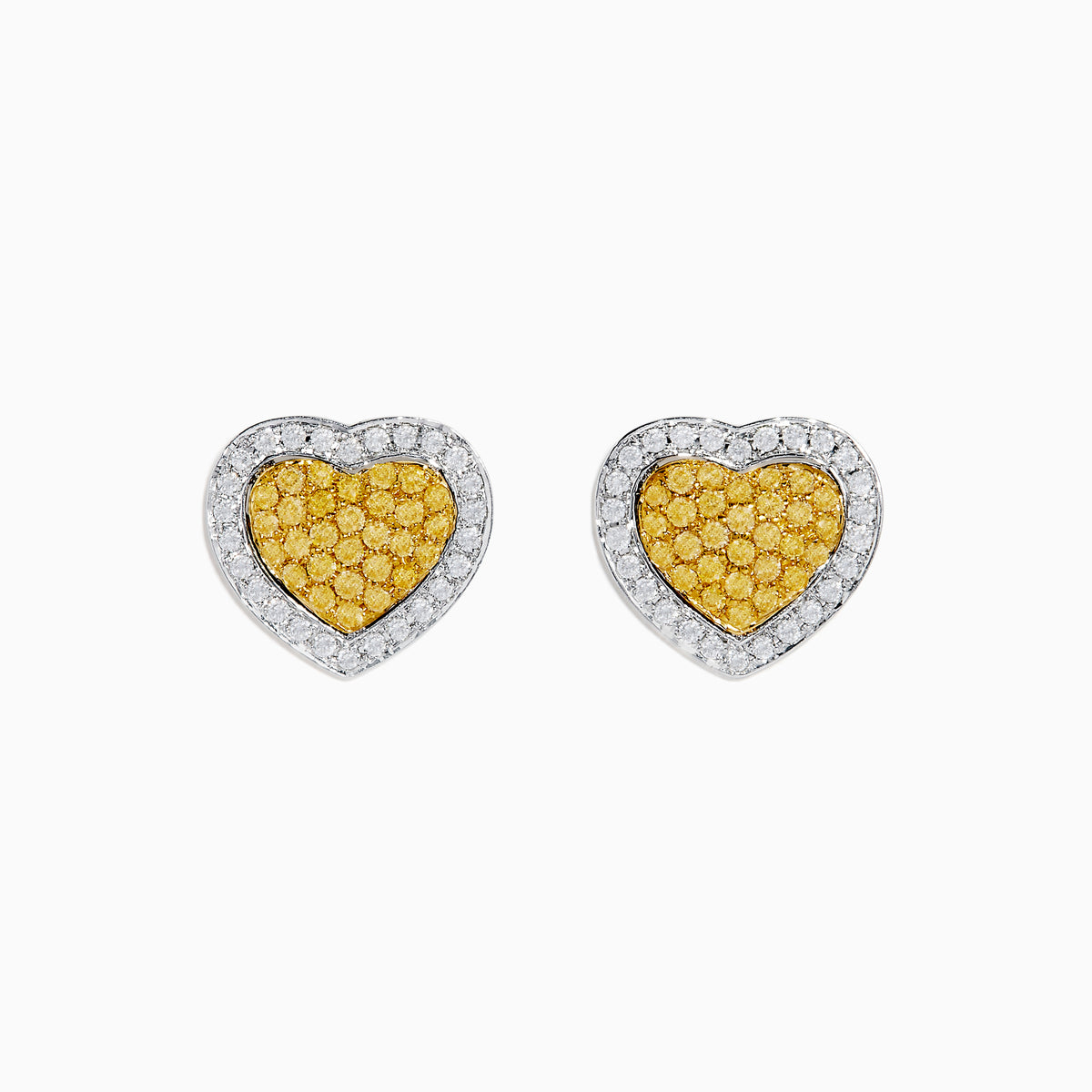 The Canare 18K Two Tone Gold White and Yellow Diamond Heart Earrings feature a yellow diamond center surrounded by white diamonds in an elegant heart design for a timeless, radiant look.