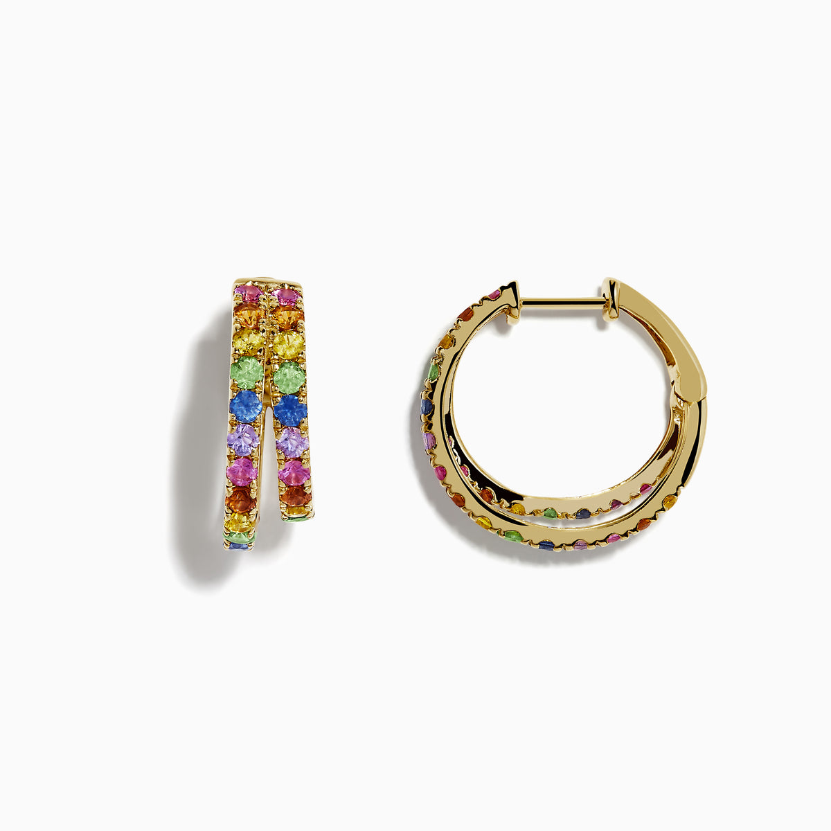 The Watercolor 14k Yellow Gold Multi Sapphire Huggie Earrings feature two rows of vibrant yellow, blue, pink, green, and purple sapphires on each earring, shown against a white background.