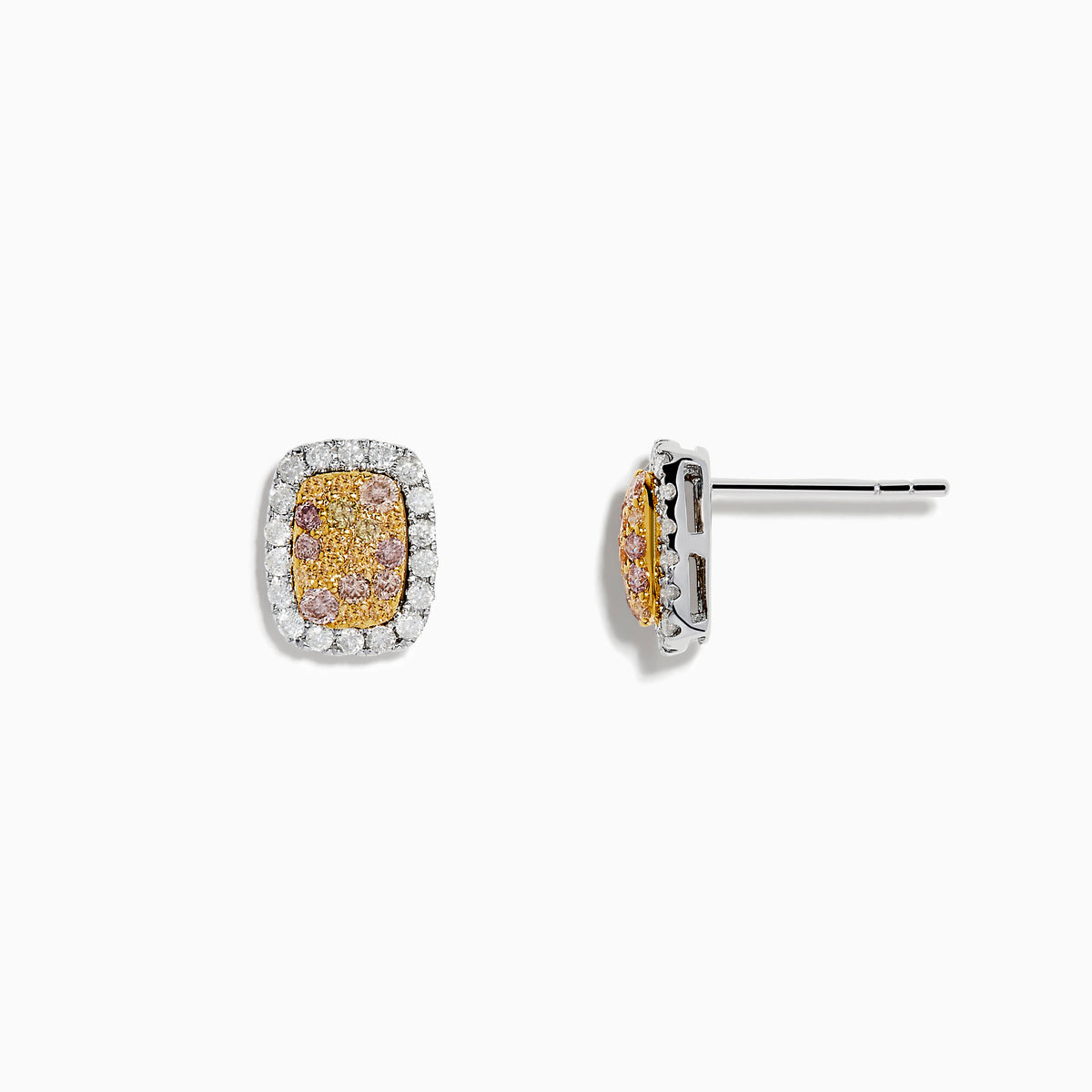The 14K Two-Tone Gold Multi Color Diamond Earrings feature rectangular studs with central yellow-orange stones surrounded by small clear diamonds, set against a white background.
