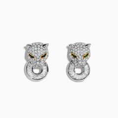 Signature 14K Two Tone Gold Emerald and Diamond Earrings feature jeweled panther heads with emerald and yellow eyes, diamond accents, and circular diamond-encrusted rings in their mouths, set against a white background.