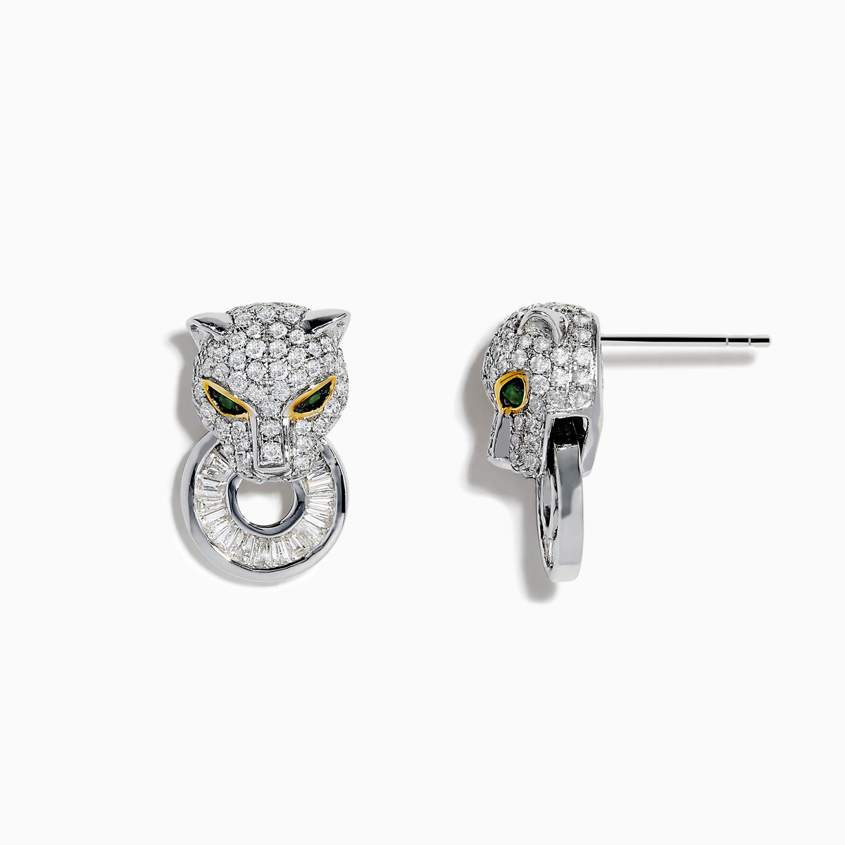 Signature 14K Two Tone Gold Emerald and Diamond Earrings feature jeweled panther heads with emerald and yellow eyes, diamond accents, and circular diamond-encrusted rings in their mouths, set against a white background.