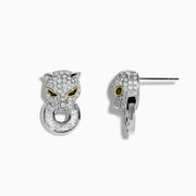 Signature 14K Two Tone Gold Emerald and Diamond Earrings feature jeweled panther heads with emerald and yellow eyes, diamond accents, and circular diamond-encrusted rings in their mouths, set against a white background.