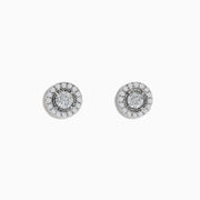 The Pave Classica 14K White Gold Diamond Earrings feature a central diamond encircled by two halos of smaller diamonds, all set in 14K white gold and shown on a plain white background.