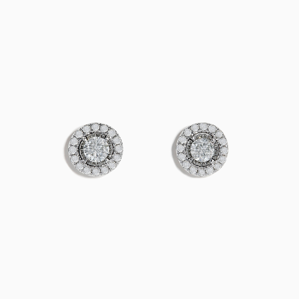 The Pave Classica 14K White Gold Diamond Earrings feature a central diamond encircled by two halos of smaller diamonds, all set in 14K white gold and shown on a plain white background.