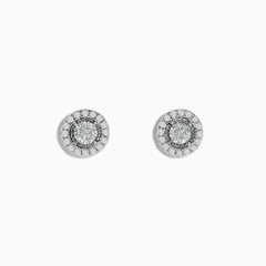 The Pave Classica 14K White Gold Diamond Earrings feature a central diamond encircled by two halos of smaller diamonds, all set in 14K white gold and shown on a plain white background.