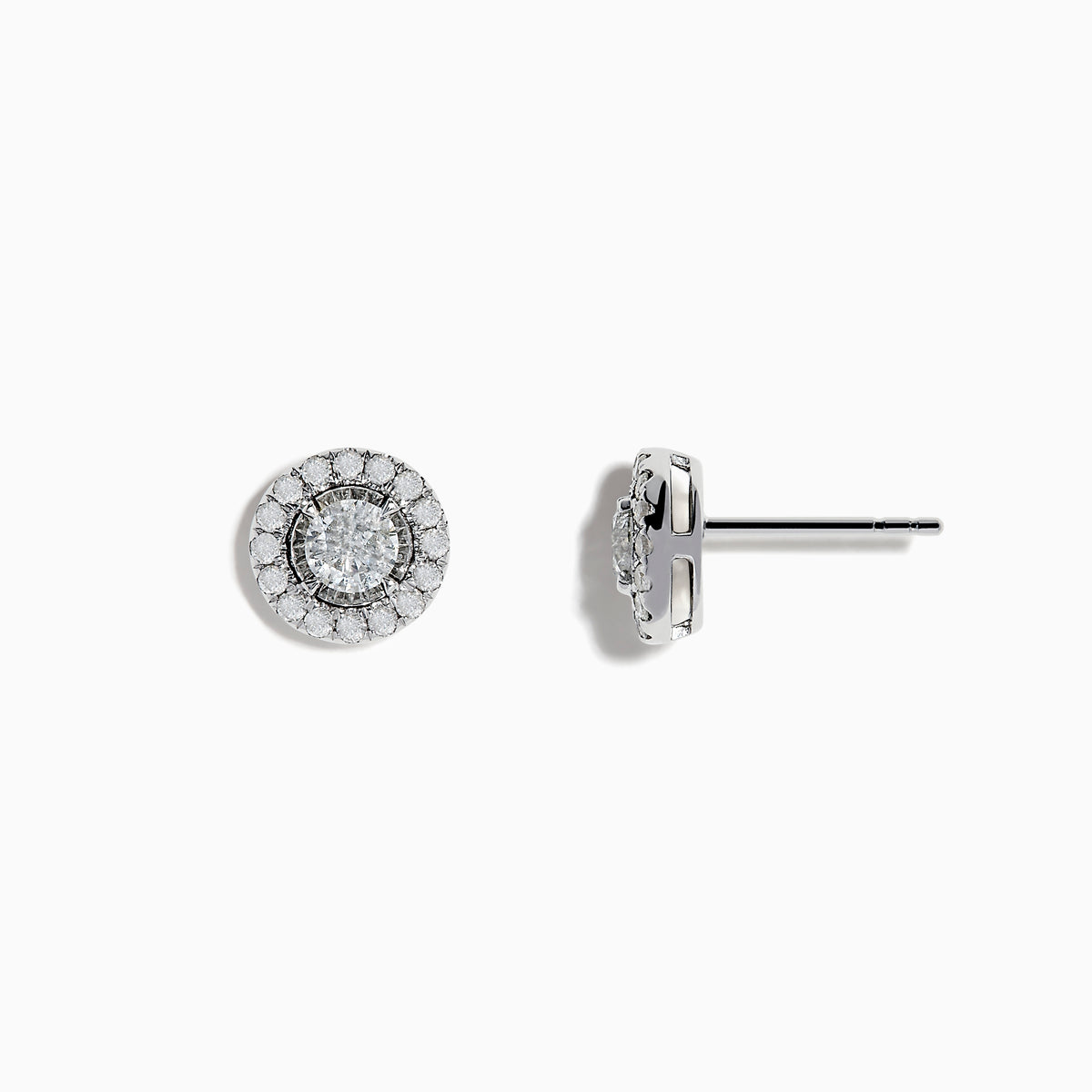 The Pave Classica 14K White Gold Diamond Earrings feature a central diamond encircled by two halos of smaller diamonds, all set in 14K white gold and shown on a plain white background.