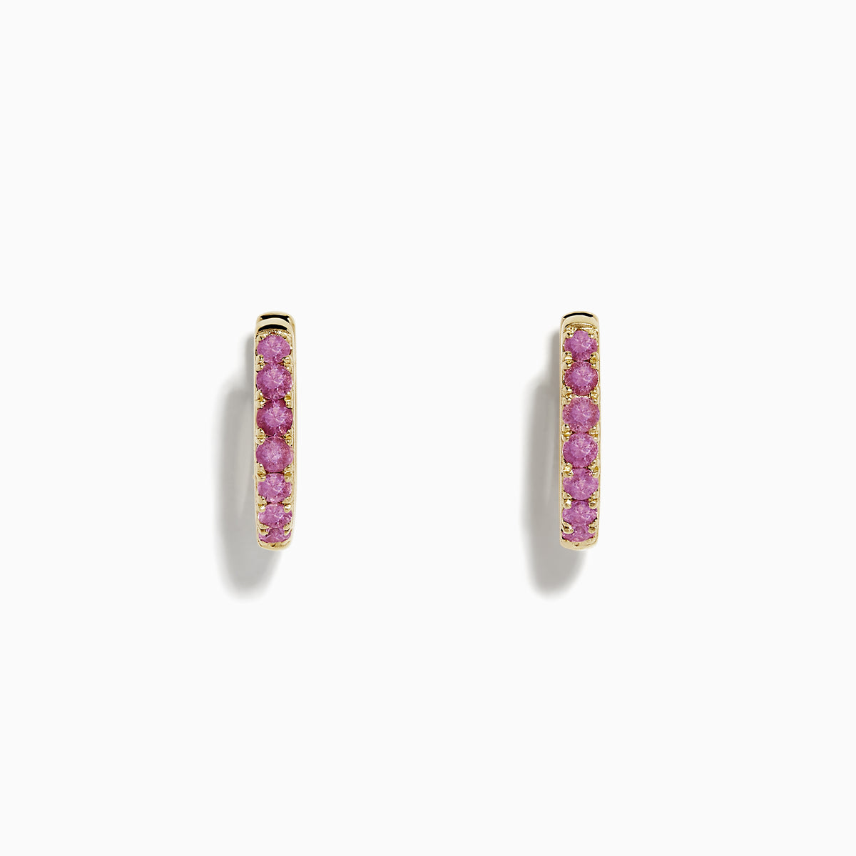 A pair of 14k Yellow Gold Pink Sapphire Huggie Earrings displayed against a plain white background.
