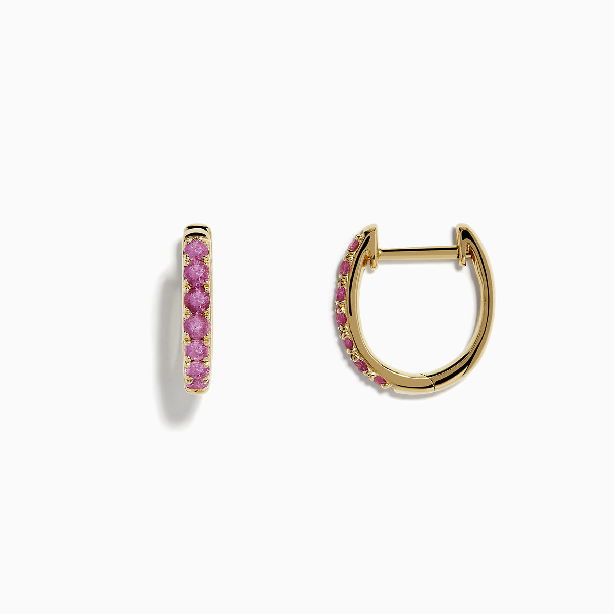 A pair of 14k Yellow Gold Pink Sapphire Huggie Earrings displayed against a plain white background.