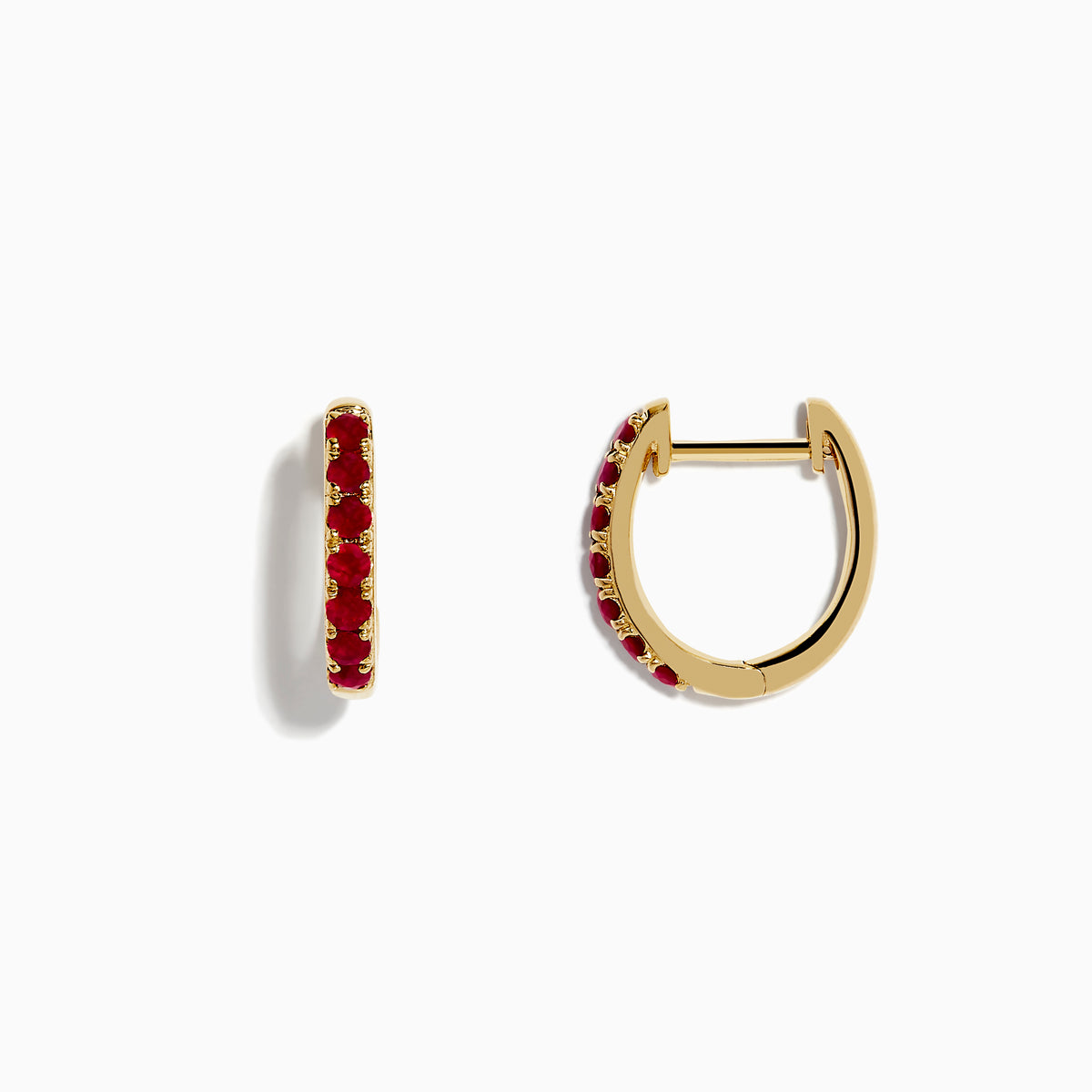 Ruby Royale 14k Yellow Gold Ruby Huggie Earrings: Small yellow gold hoops featuring a single row of red rubies, elegantly displayed against a plain white background.