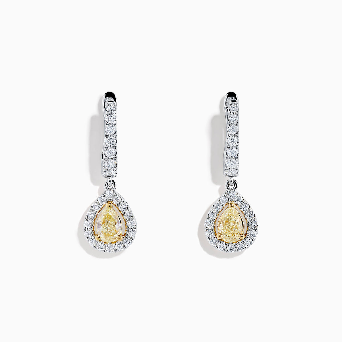 The 18K Two Tone Gold White and Yellow Diamond Drop Earrings feature teardrop-shaped yellow gems encircled by white diamonds, set in two tone gold, with diamond-studded hooks for extra brilliance.