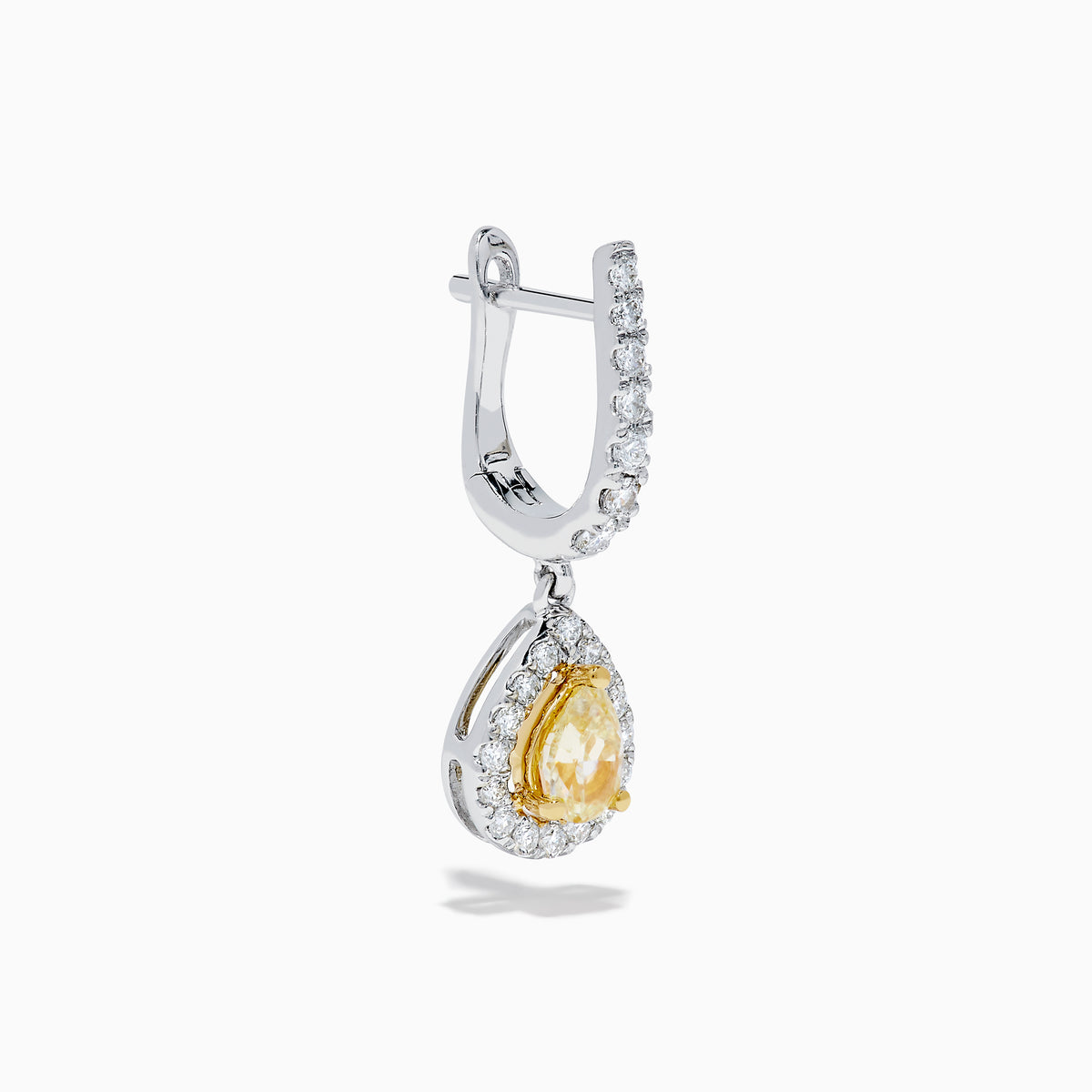 The 18K Two Tone Gold White and Yellow Diamond Drop Earrings feature teardrop-shaped yellow gems encircled by white diamonds, set in two tone gold, with diamond-studded hooks for extra brilliance.