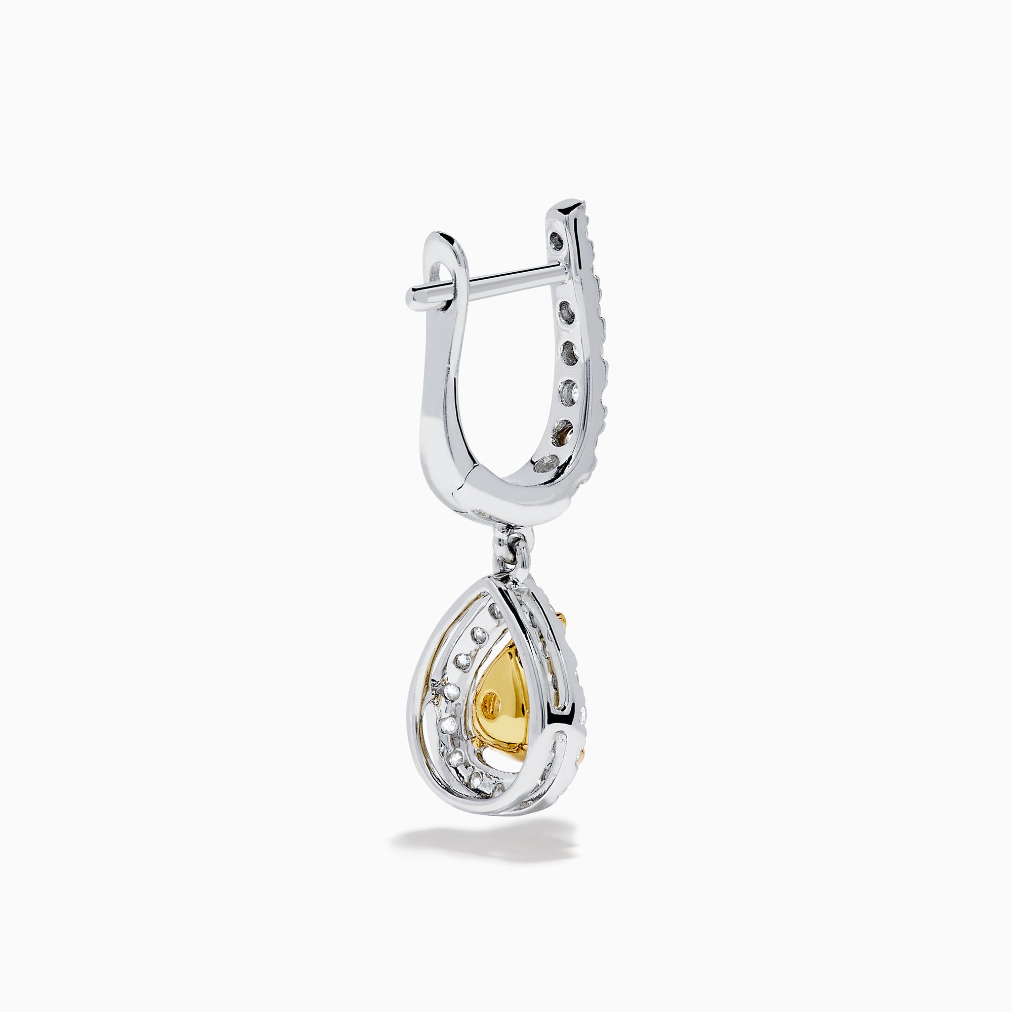 The 18K Two Tone Gold White and Yellow Diamond Drop Earrings feature teardrop-shaped yellow gems encircled by white diamonds, set in two tone gold, with diamond-studded hooks for extra brilliance.