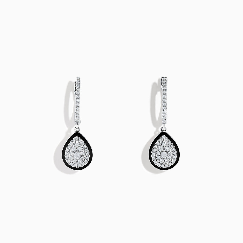 The Pave Classica 14K White Gold Diamond Enamel Drop Earrings feature teardrop-shaped pendants outlined in black enamel with sparkling diamonds on gem-studded hooks, shown on a white background.