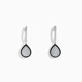 The Pave Classica 14K White Gold Diamond Enamel Drop Earrings feature teardrop-shaped pendants outlined in black enamel with sparkling diamonds on gem-studded hooks, shown on a white background.