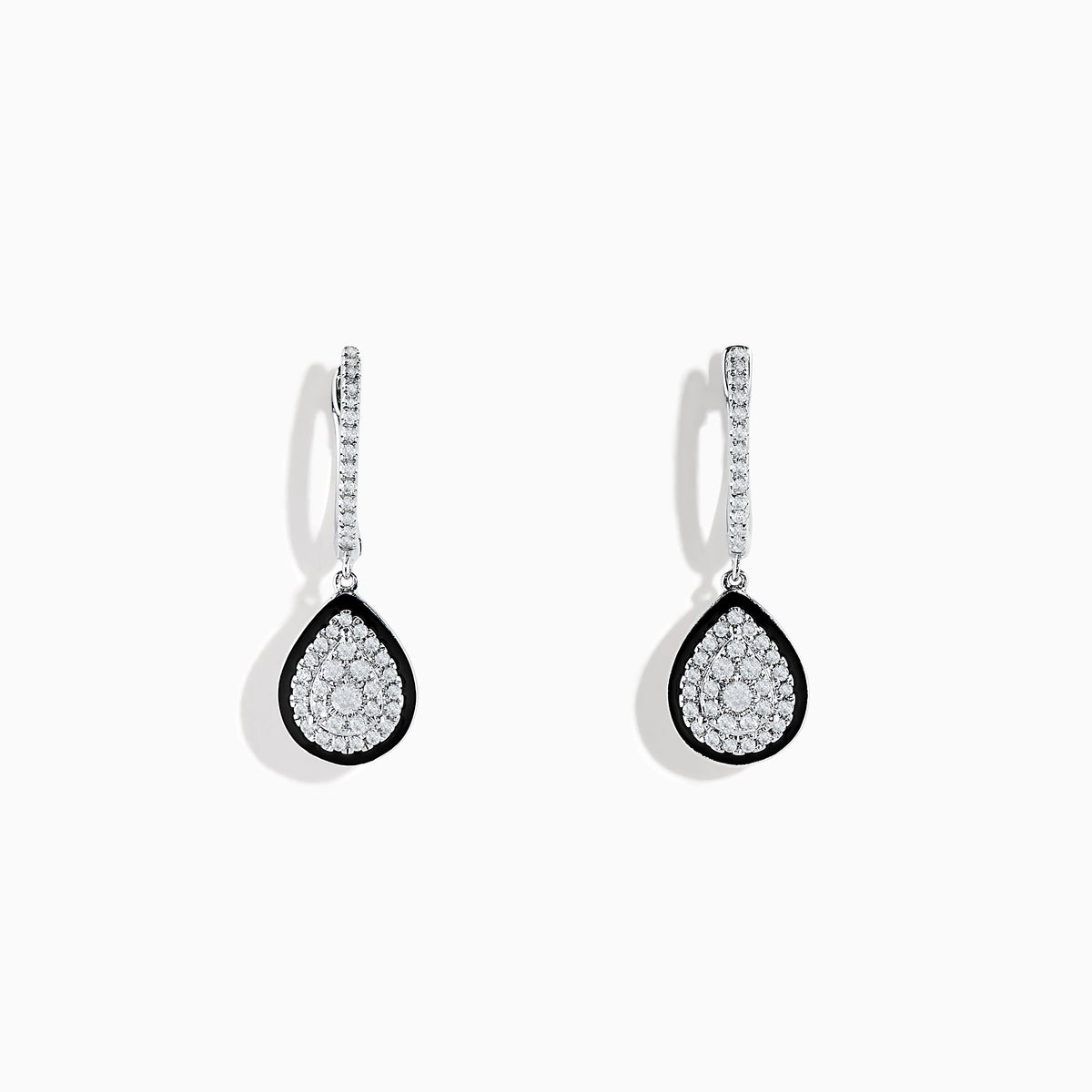 The Pave Classica 14K White Gold Diamond Enamel Drop Earrings feature teardrop-shaped pendants outlined in black enamel with sparkling diamonds on gem-studded hooks, shown on a white background.
