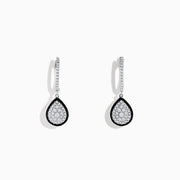 The Pave Classica 14K White Gold Diamond Enamel Drop Earrings feature teardrop-shaped pendants outlined in black enamel with sparkling diamonds on gem-studded hooks, shown on a white background.