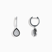 The Pave Classica 14K White Gold Diamond Enamel Drop Earrings feature teardrop-shaped pendants outlined in black enamel with sparkling diamonds on gem-studded hooks, shown on a white background.