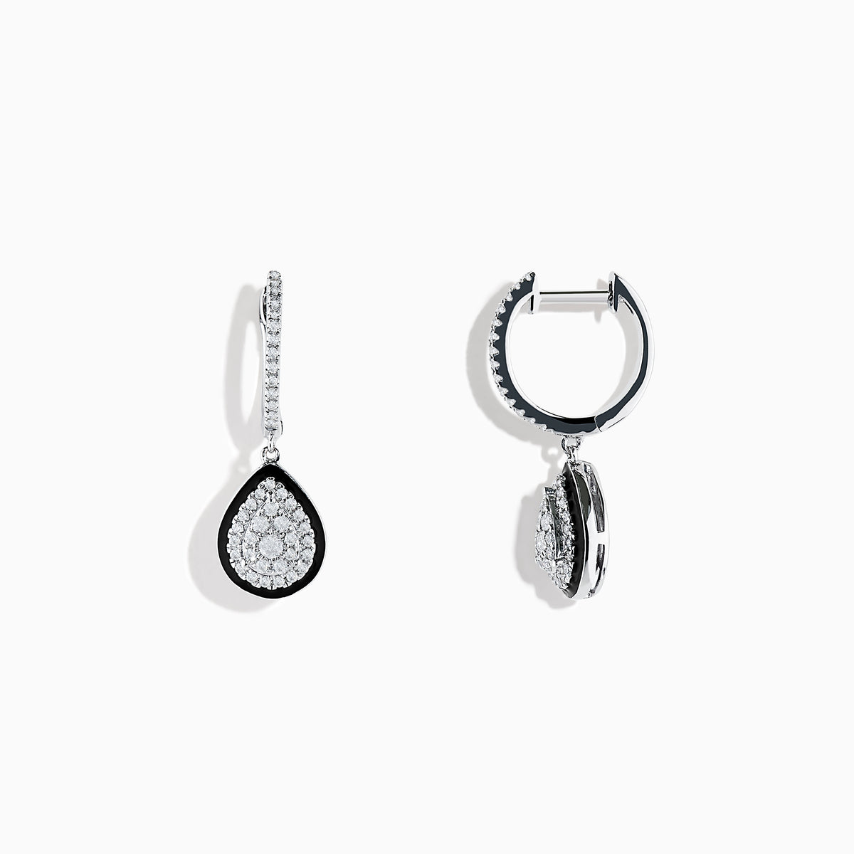 The Pave Classica 14K White Gold Diamond Enamel Drop Earrings feature teardrop-shaped pendants outlined in black enamel with sparkling diamonds on gem-studded hooks, shown on a white background.