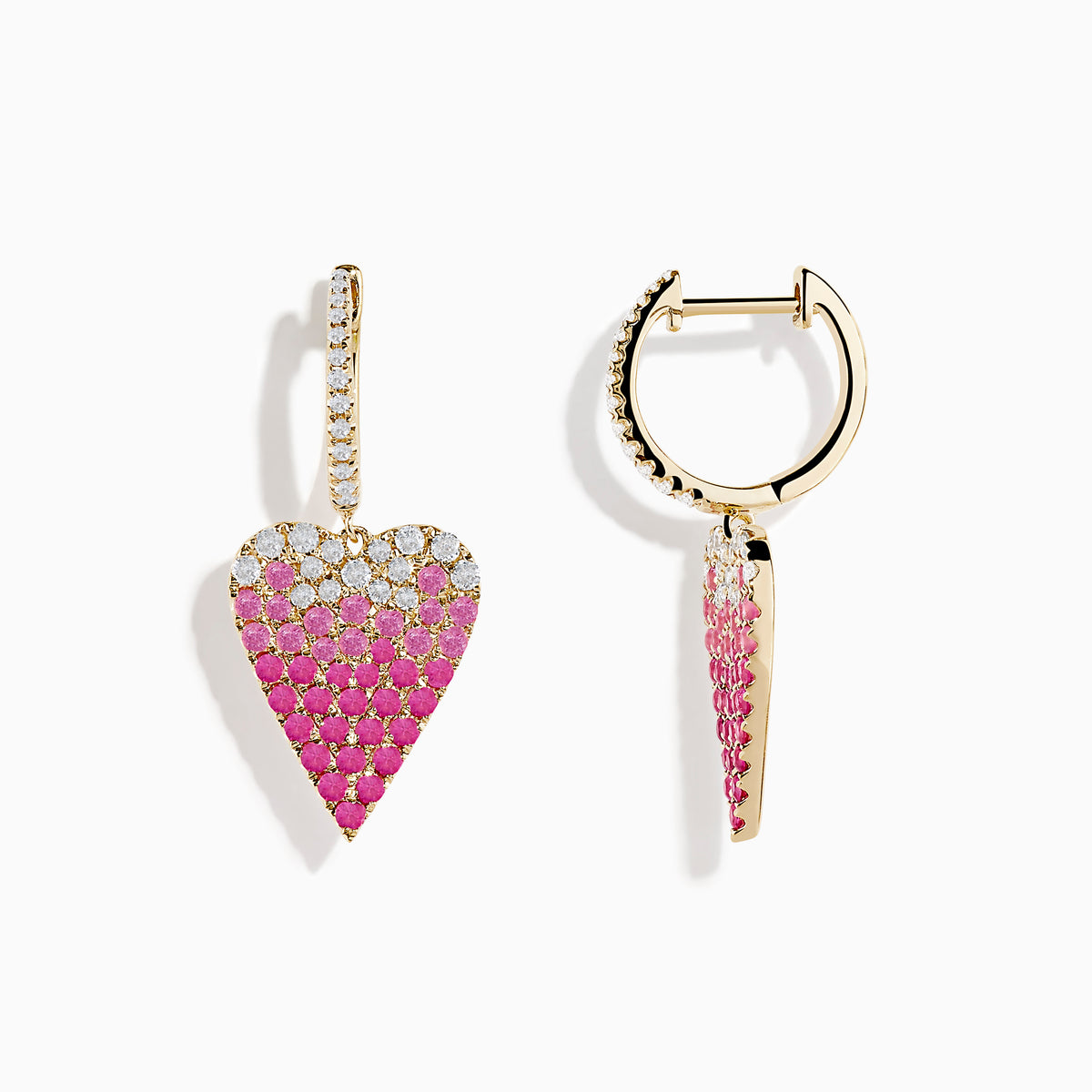 14K Yellow Gold Pink Sapphire and Diamond Heart Earrings with hoop design feature heart-shaped pendants, adorned in a pavé of pink sapphires transitioning to sparkling diamonds for a stunning gradient effect.