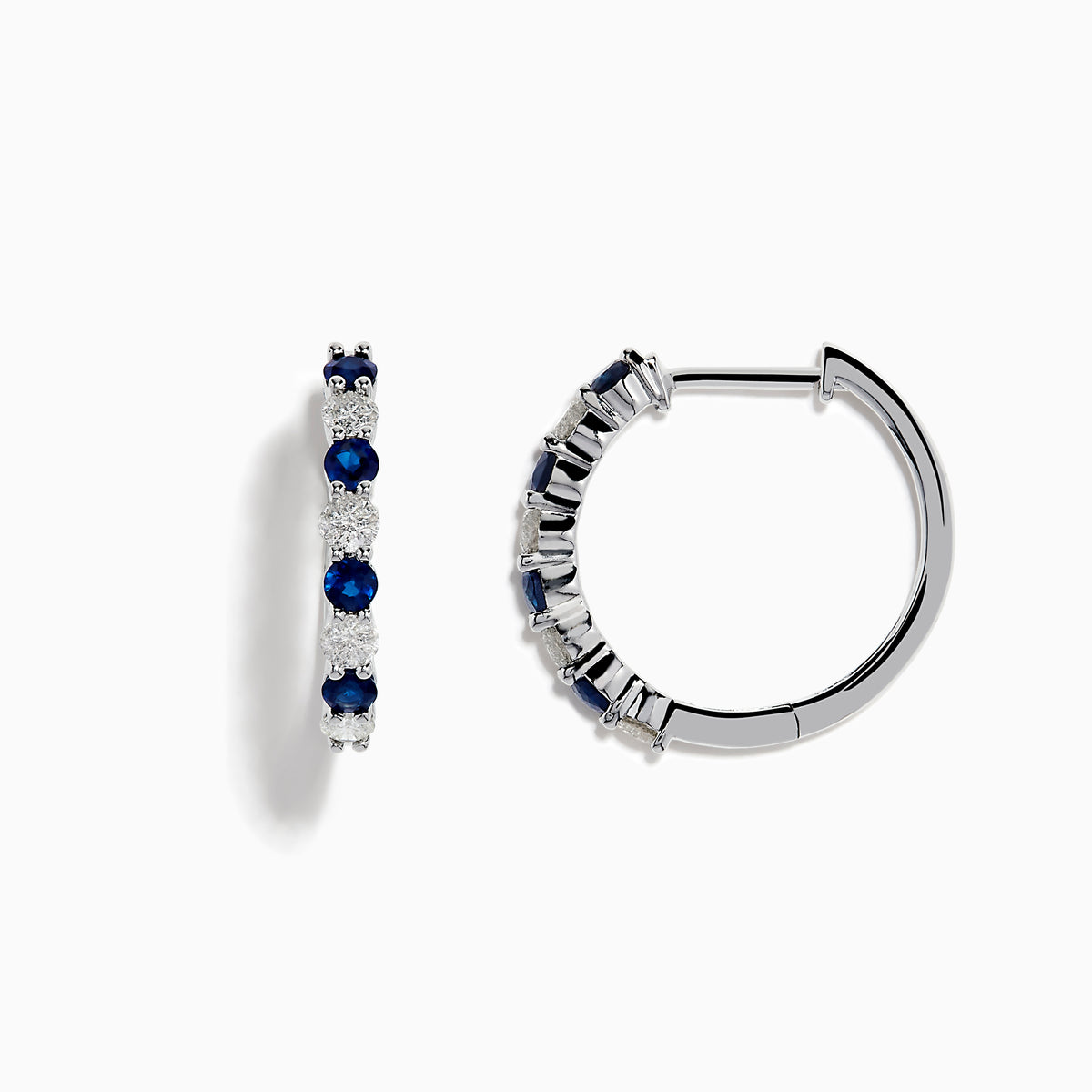 The 14K White Gold Sapphire and Diamond Hoop Earrings feature alternating round sapphires and diamonds, beautifully set and displayed on a white background.