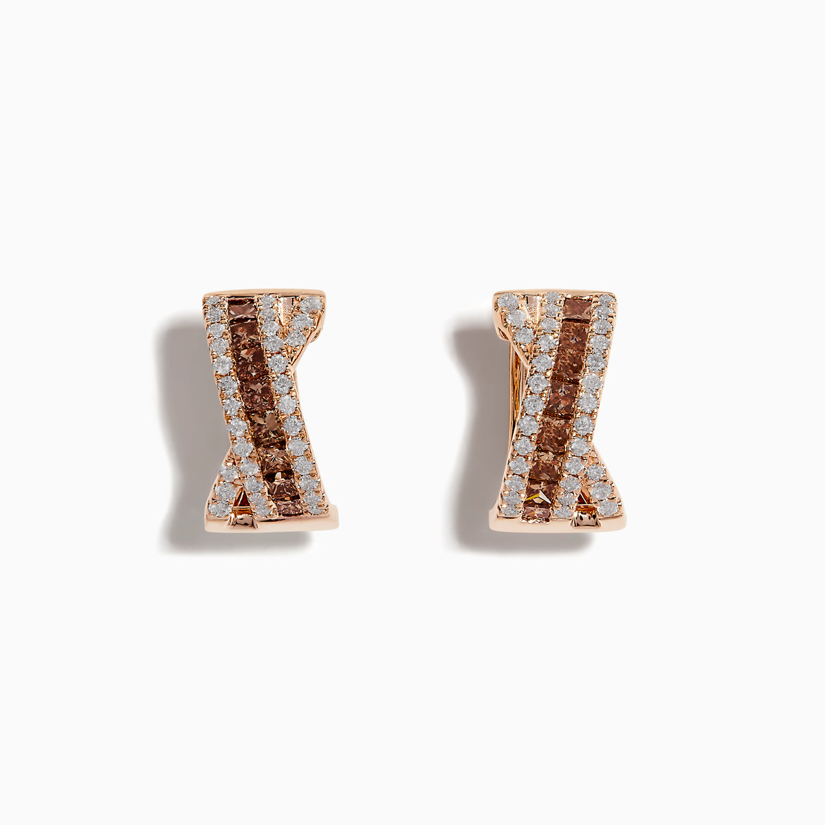 The 14K Rose Gold Espresso and White Diamond Earrings feature an hourglass design with alternating vertical rows of espresso diamonds and sparkling white stones.