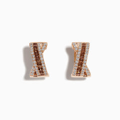 The 14K Rose Gold Espresso and White Diamond Earrings feature an hourglass design with alternating vertical rows of espresso diamonds and sparkling white stones.
