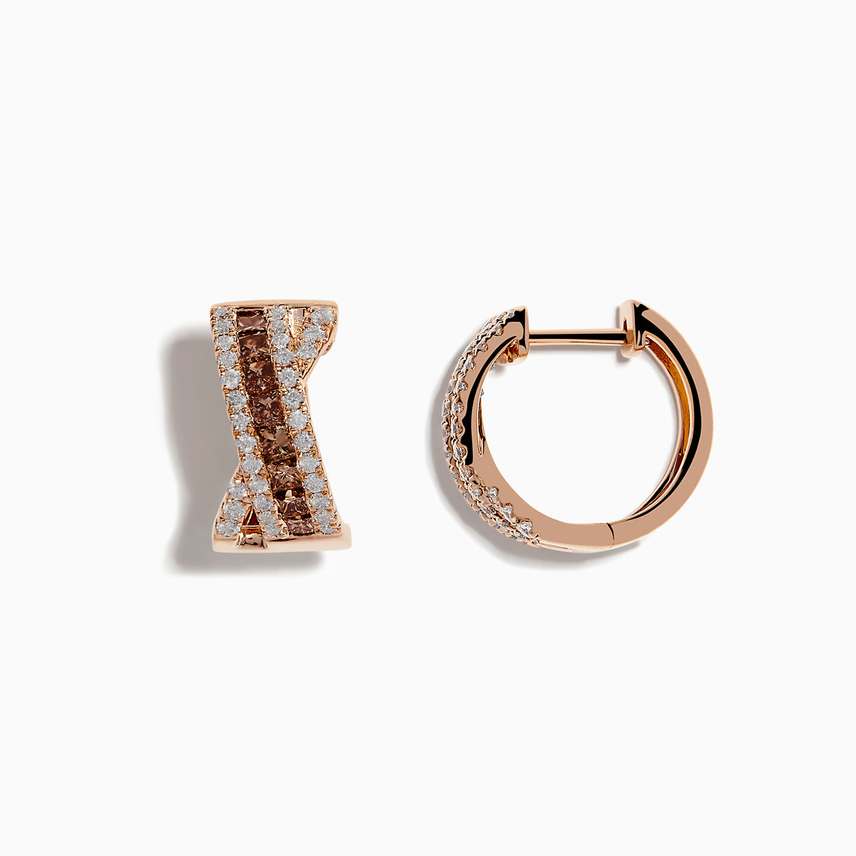 The 14K Rose Gold Espresso and White Diamond Earrings feature an hourglass design with alternating vertical rows of espresso diamonds and sparkling white stones.