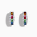 Watercolors 14K White Gold Multi Sapphire and Diamond Small Hoop Earrings feature vibrant sapphire rows bordered by sparkling diamonds, set in white gold, showcased against a white background.