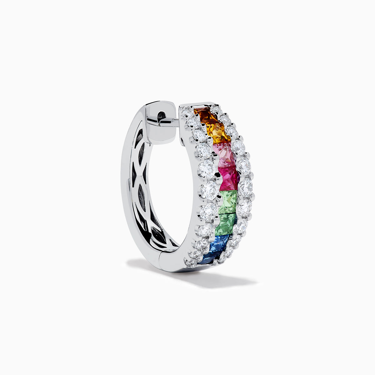 Watercolors 14K White Gold Multi Sapphire and Diamond Small Hoop Earrings feature vibrant sapphire rows bordered by sparkling diamonds, set in white gold, showcased against a white background.