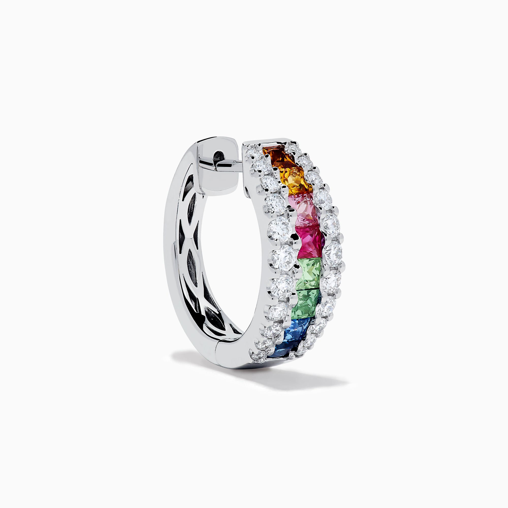 Watercolors 14K White Gold Multi Sapphire and Diamond Small Hoop Earrings feature vibrant sapphire rows bordered by sparkling diamonds, set in white gold, showcased against a white background.