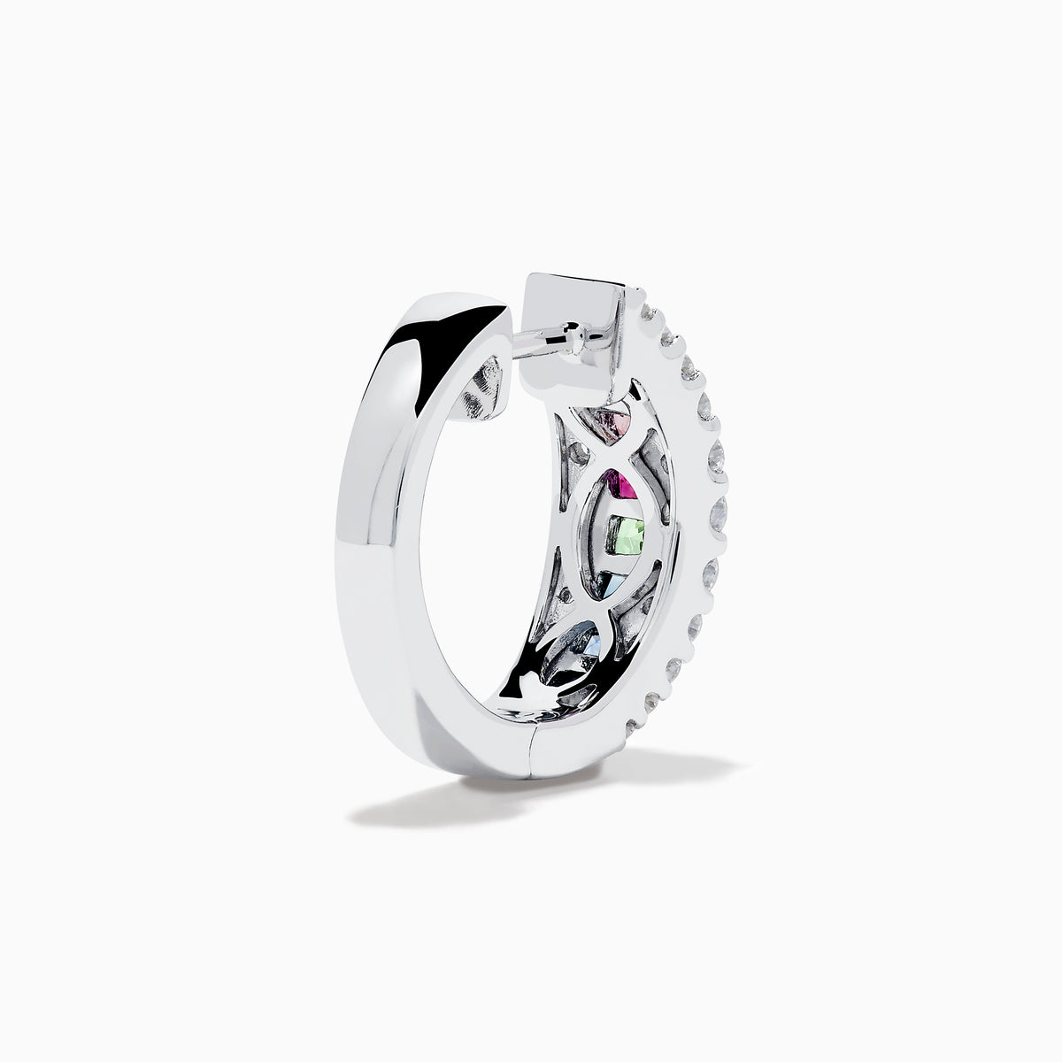 Watercolors 14K White Gold Multi Sapphire and Diamond Small Hoop Earrings feature vibrant sapphire rows bordered by sparkling diamonds, set in white gold, showcased against a white background.