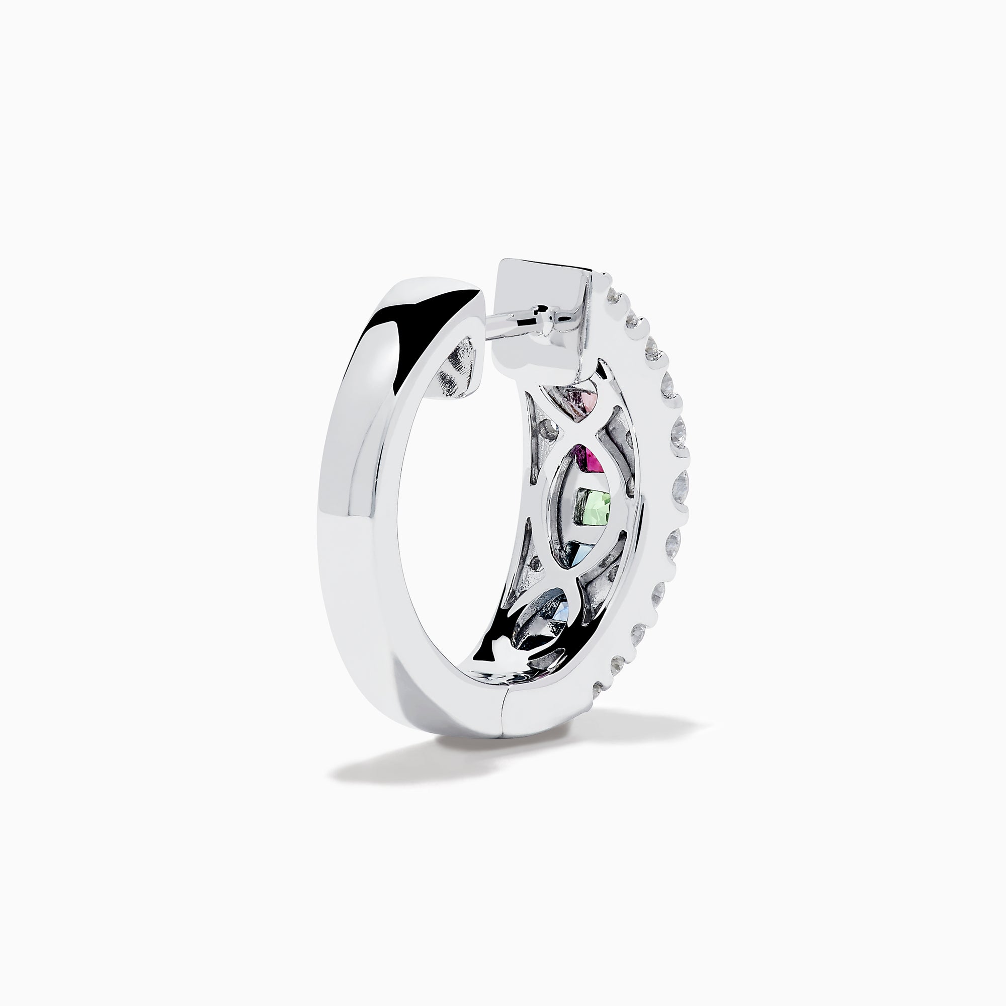 Watercolors 14K White Gold Multi Sapphire and Diamond Small Hoop Earrings feature vibrant sapphire rows bordered by sparkling diamonds, set in white gold, showcased against a white background.