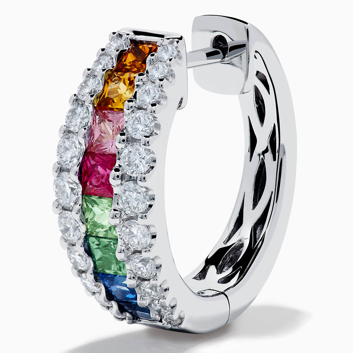 Watercolors 14K White Gold Multi Sapphire and Diamond Small Hoop Earrings feature vibrant sapphire rows bordered by sparkling diamonds, set in white gold, showcased against a white background.