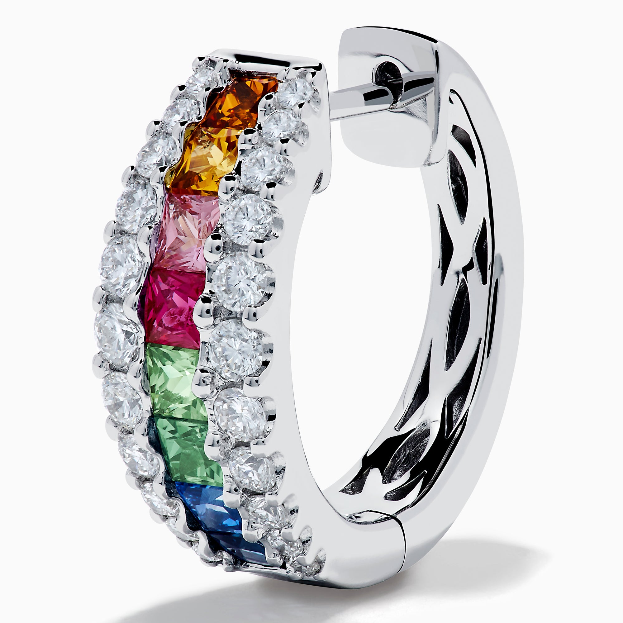 Watercolors 14K White Gold Multi Sapphire and Diamond Small Hoop Earrings feature vibrant sapphire rows bordered by sparkling diamonds, set in white gold, showcased against a white background.