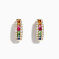 The Watercolors 14K Gold Multi Sapphire & Diamond Hoop Earrings feature three rows of diamonds and multicolored sapphires—red, green, blue, and yellow—set against a white background.