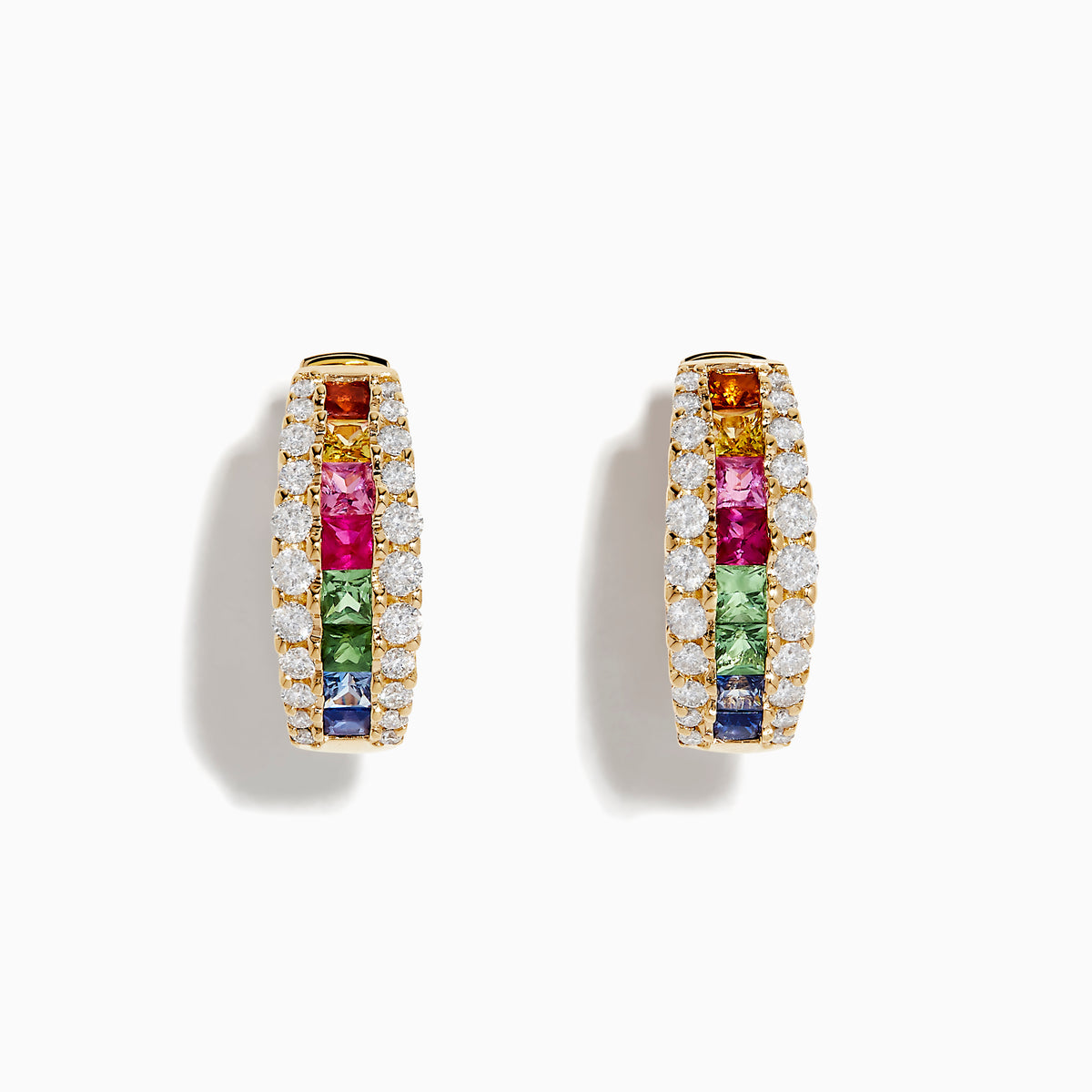 The Watercolors 14K Gold Multi Sapphire & Diamond Hoop Earrings feature three rows of diamonds and multicolored sapphires—red, green, blue, and yellow—set against a white background.