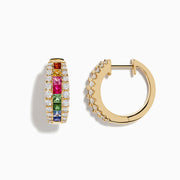 The Watercolors 14K Gold Multi Sapphire & Diamond Hoop Earrings feature three rows of diamonds and multicolored sapphires—red, green, blue, and yellow—set against a white background.